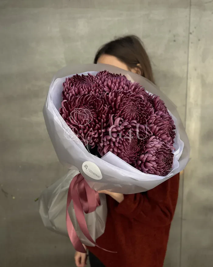 Заказать Букет из 9 бордовых хризантем в белом оформлении в Алматы